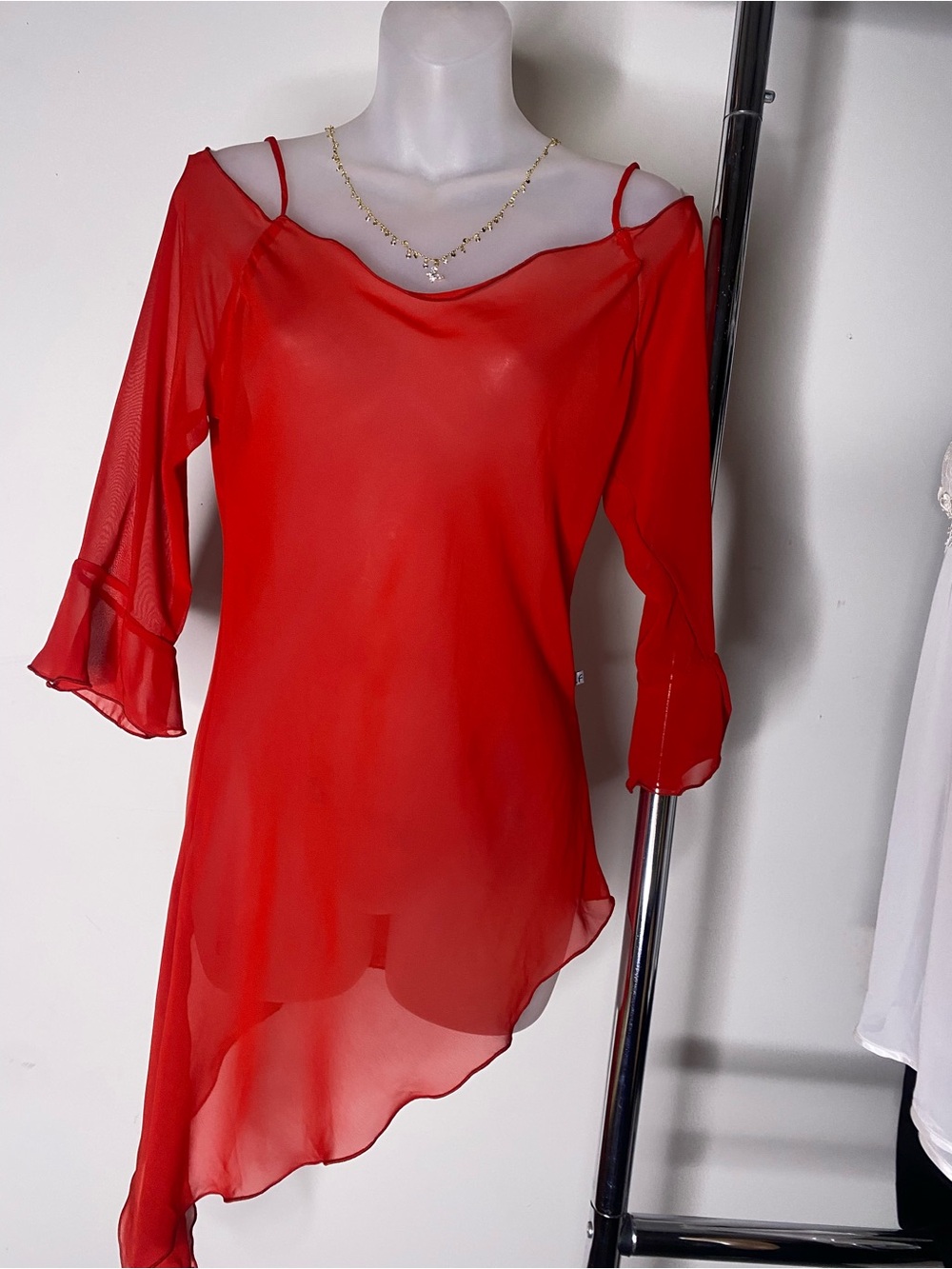 Made In Brazil  Red Asymmetric Sheer Women's Top